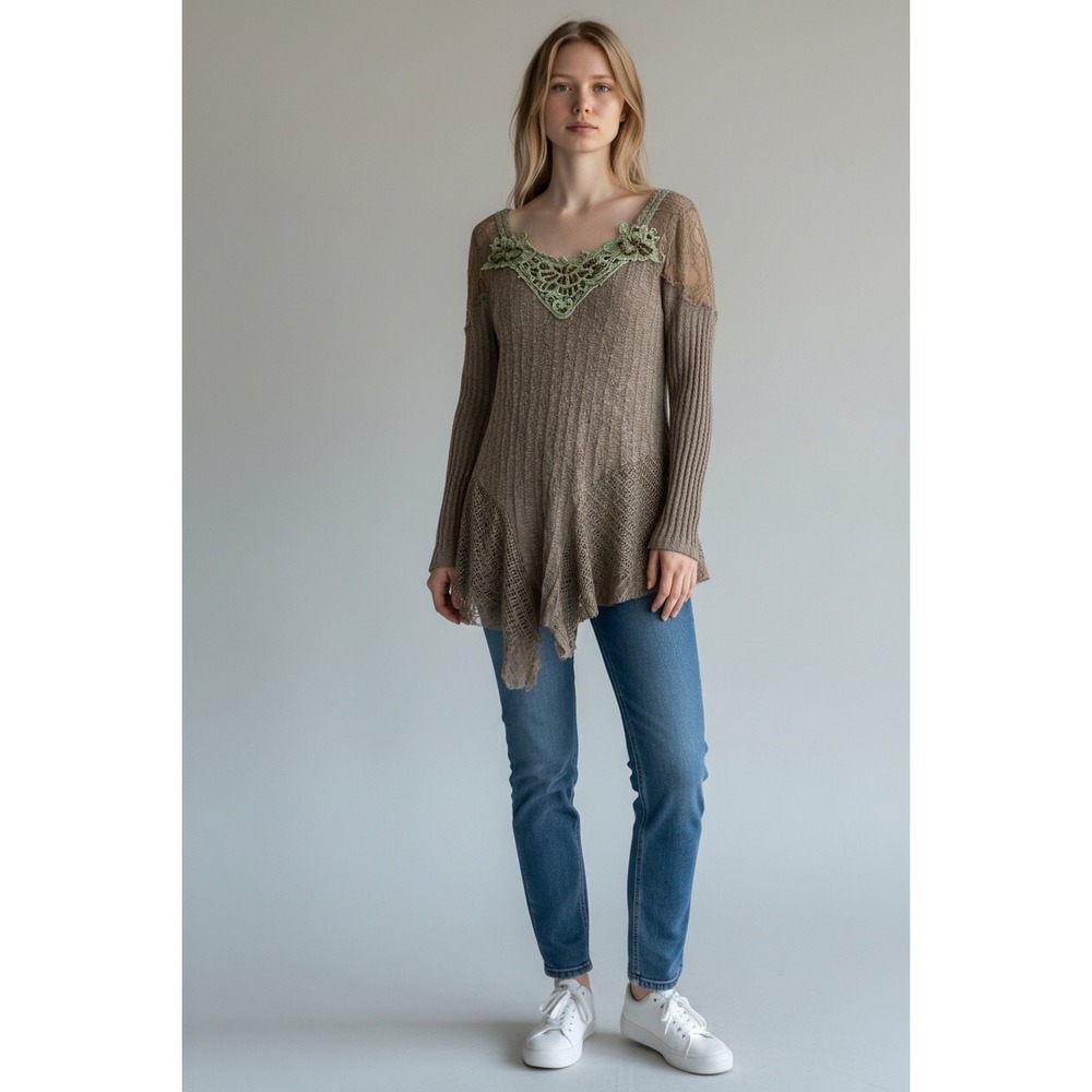 Pretty Angel Taupe Lace Beaded Tunic Top Handkerchief Linen Blend Boho Gypsy L